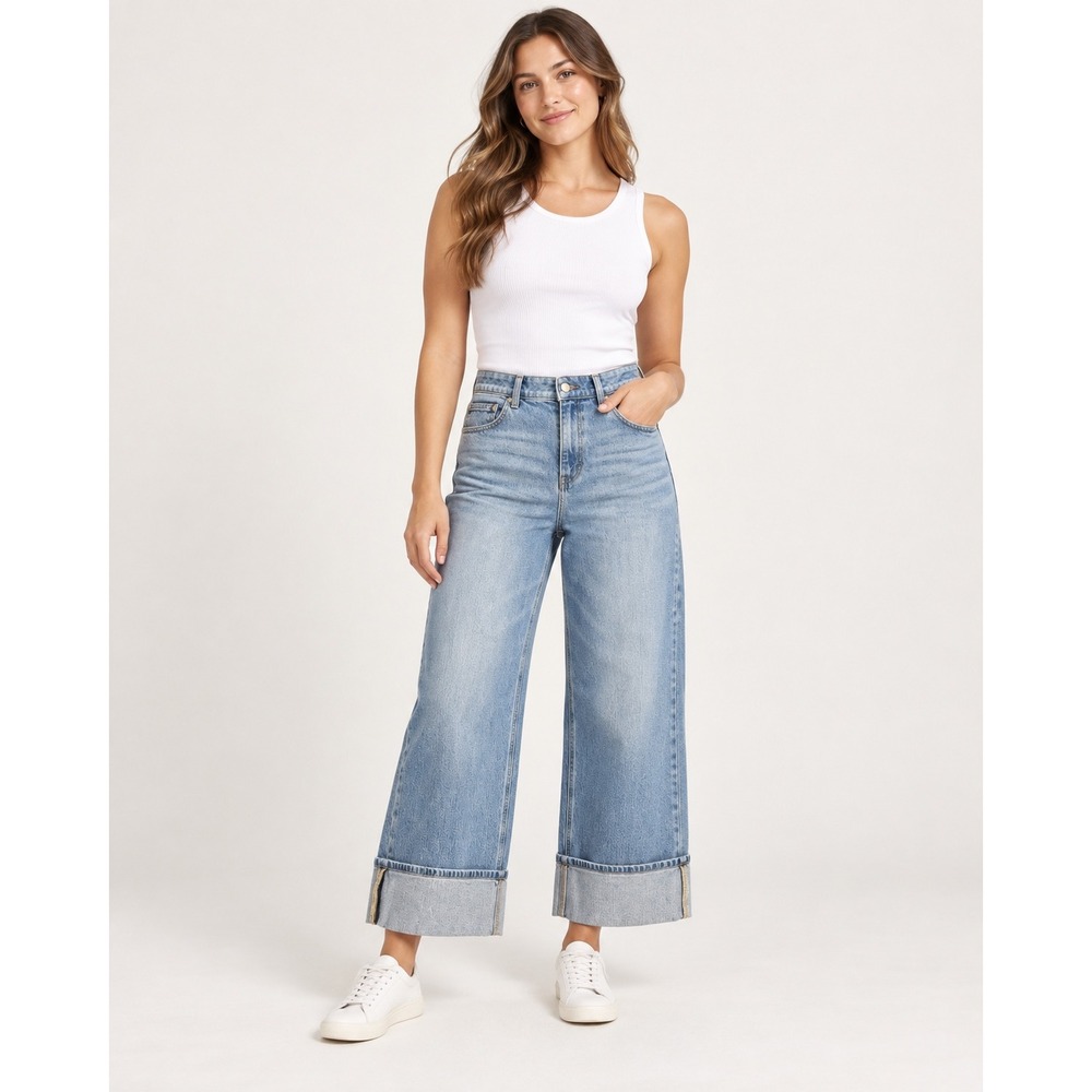 Talbots Womens 14 Straight Ankle Cuff Jeans Light Wash Blue High Rise Denim